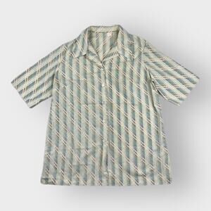 Vintage 70s Button Down Short Sleeve Shirt Size L Cream Brown Green Blue